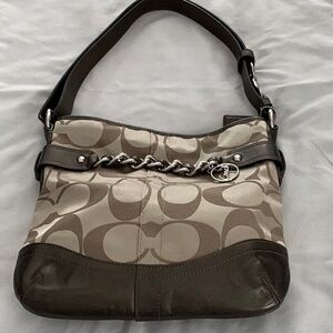 Coach Brown and Cream Shoulder Bag with Monogram Pattern